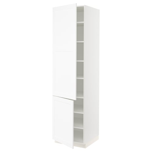 A white SEKTION kitchen cabinet with adjustable shelves and a soft-closing door.
