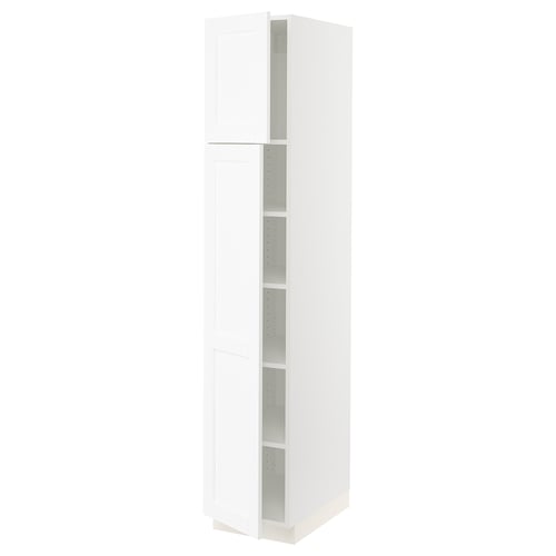 A white SEKTION kitchen cabinet with adjustable shelves and a door that opens either left or right.