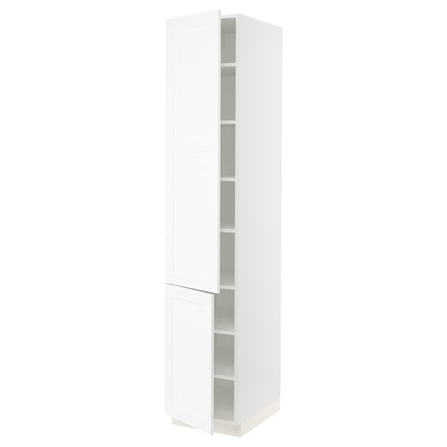 A white ikea SEKTION tall kitchen cabinet with adjustable shelves and a door.