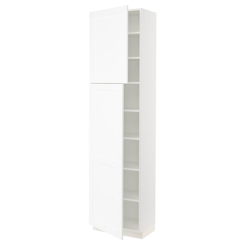 White kitchen cabinet with adjustable shelves, closed door.
