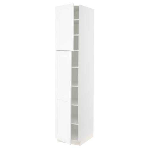 White SEKTION kitchen cabinet with glass doors and adjustable shelves.