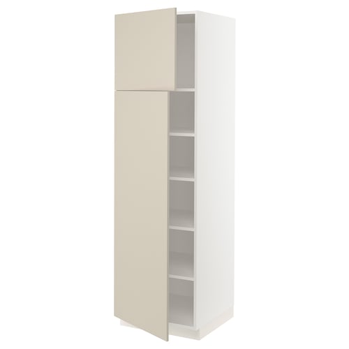 A tall, beige ikea SEKTION kitchen cabinet with adjustable shelves and a door on the left.