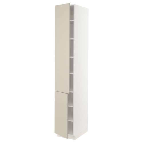 A tall, narrow white cabinet with beige doors and multiple shelves.