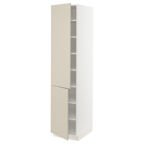 Beige SEKTION cabinet, sleek and tall with adjustable shelves, white frame.