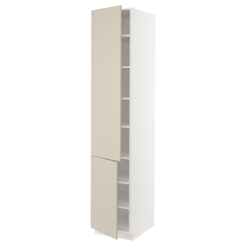 Tall white kitchen cabinet with beige doors & inner shelves, modern minimalist design.
