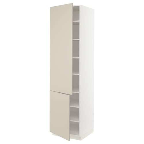 An upright white cabinet with beige doors and adjustable shelves. The design is modern and functional.