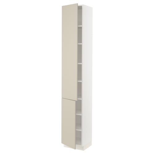 Beige SEKTION kitchen cabinet, tall, rectangular, with adjustable shelves, snap-on hinges.