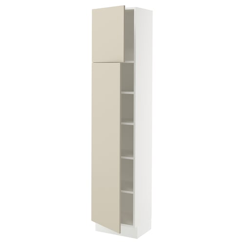 An off-white SEKTION kitchen cabinet with beige doors and adjustable shelves.