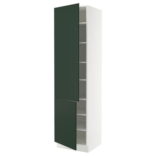 SEKTION tall green kitchen cabinet with white frame and adjustable shelves.