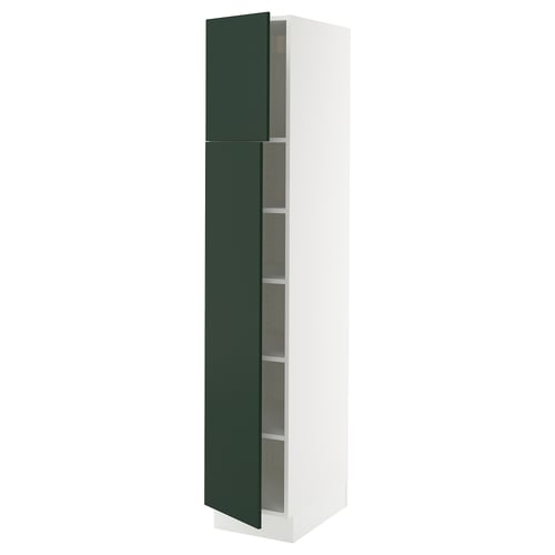A tall, narrow white cabinet with dark green doors. The cabinet has four shelves inside, and the doors are slightly ajar.