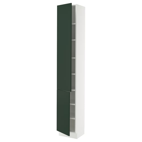 SEKTION tall white cabinet with green doors, adjustable shelves, modern design.