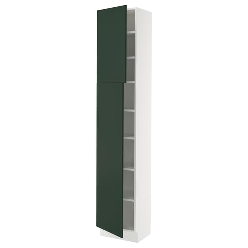 Green SEKTION kitchen cabinet, tall, rectangular, white frame, glass shelves.