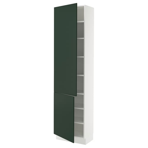 SEKTION tall kitchen cabinet with green havstorp doors, white frame, adjustable shelves, and soft-close hinges.