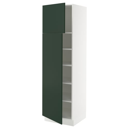 A white SEKTION kitchen cabinet with dark green doors, featuring three adjustable shelves and a door stopper, designed for organised storage.