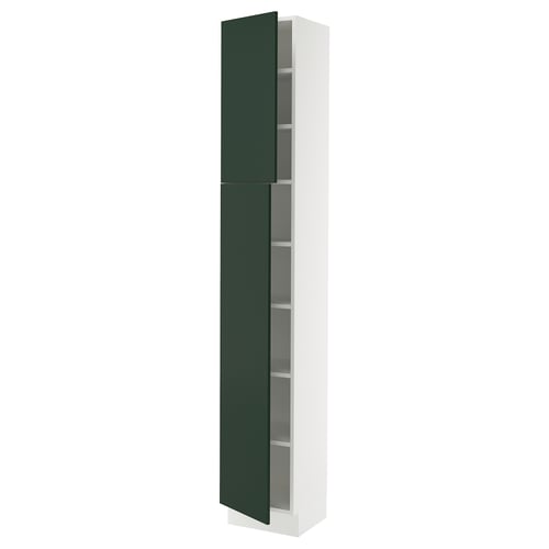 SEKTION tall kitchen cabinet, green, white frame, adjustable shelves, modern design.