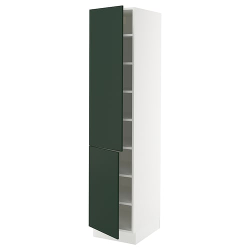 A white SEKTION tall kitchen cabinet with green doors and shelves.