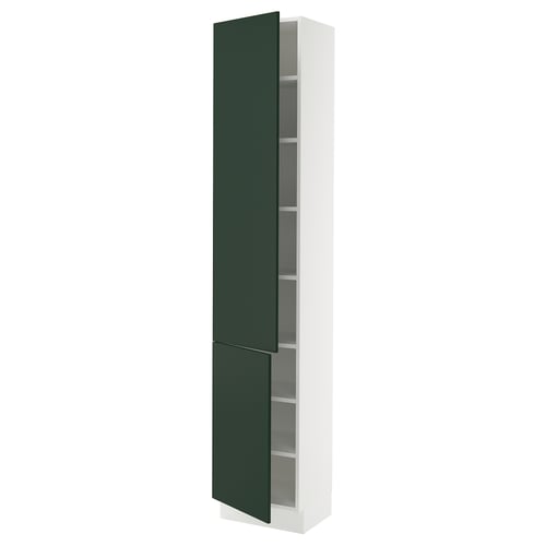 A tall white and green kitchen cabinet. The cabinet adjustable shelves and green-colored doors, offering storage space.