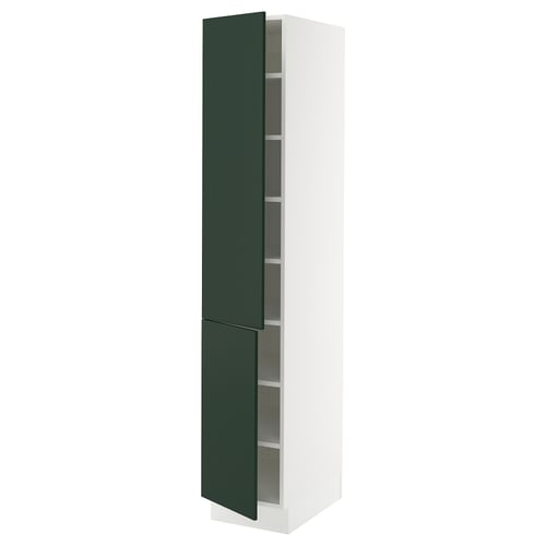 SEKTION kitchen cabinet: tall, white, green door, adjustable shelves, modern design.