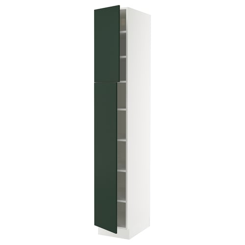 Depicts an ikea SEKTION kitchen cabinet with a tall, white frame and dark green doors, featuring a modern and sleek design.