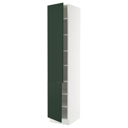 SEKTION kitchen unit in dark green and white, tall and slim with adjustable shelves, modern design.