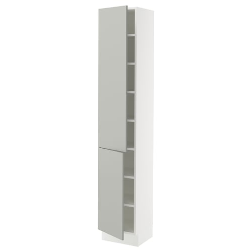 SEKTION white kitchen cabinet with light grey door, adjustable shelves, and soft-closing hinges.