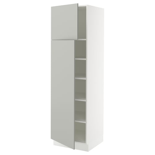 White kitchen cabinet, modern, high, grey doors, adjustable shelves, sleek design.