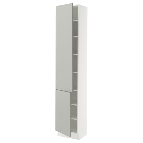 White SEKTION tall cabinet with grey doors and shelves.