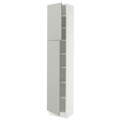 A white ikea SEKTION tall kitchen cabinet in a sleek design, with a light grey door and adjustable shelves.