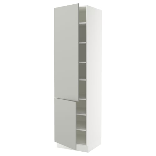 White SEKTION cabinet, light grey, tall, modern design, one open door revealing shelves.