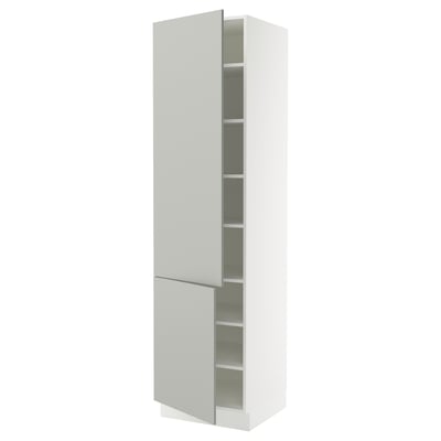 White SEKTION cabinet, light grey, tall, modern design, one open door revealing shelves.