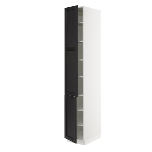 An open white SEKTION kitchen cabinet with black stained ash doors. It adjustable shelves and a modern design.