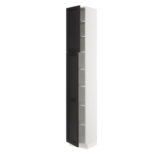 A tall white SEKTION cabinet with black stained doors. The cabinet has shelves and an open door on the left.