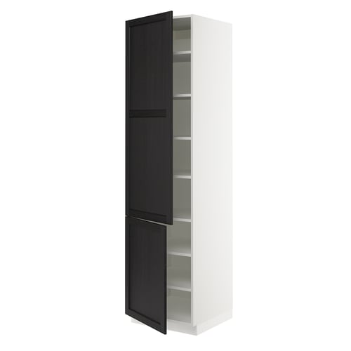 White and black cabinet with open door, adjustable shelves, traditional design.