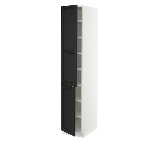 SEKTION white cabinets with black stained lerhyttan doors, adjustable shelves, and bevelled edges.