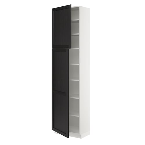 An open white and black kitchen cabinet with shelves. It has a modern design with adjustable shelves and a door with a dark finish and bevelled edges.
