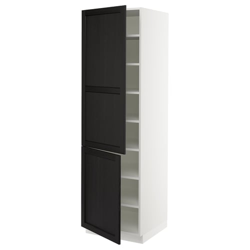 Modern kitchen cabinet, white with black doors, rectangular shape, two doors slightly open.