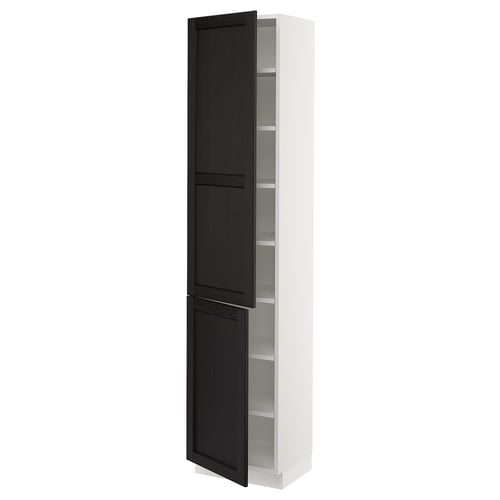 A tall, white SEKTION kitchen cabinet with black stained wooden doors, featuring bevelled edges and adjustable shelves.