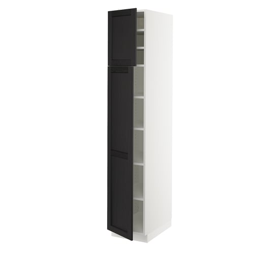 An ikea SEKTION kitchen cabinet with black stained wood doors, white frame, and adjustable shelves.