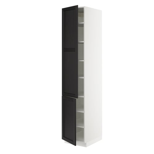 SEKTION white cabinet with dark wooden doors, adjustable shelves, and metallic hinges.