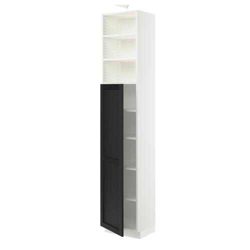 White tall kitchen cabinet with black stained door, featuring bevelled edges and adjustable shelves.
