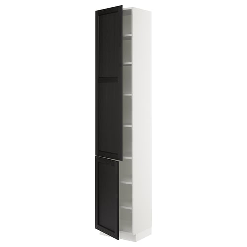 A white SEKTION tall kitchen cabinet with black stained wooden doors and bevelled edges. The design includes two adjustable shelves inside.