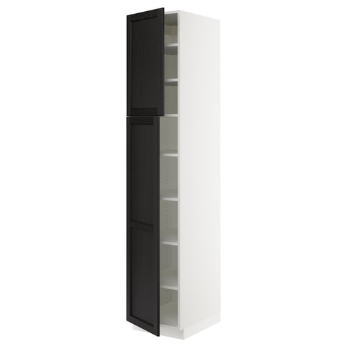 SEKTION white and black kitchen cabinet with shelves and wood door.