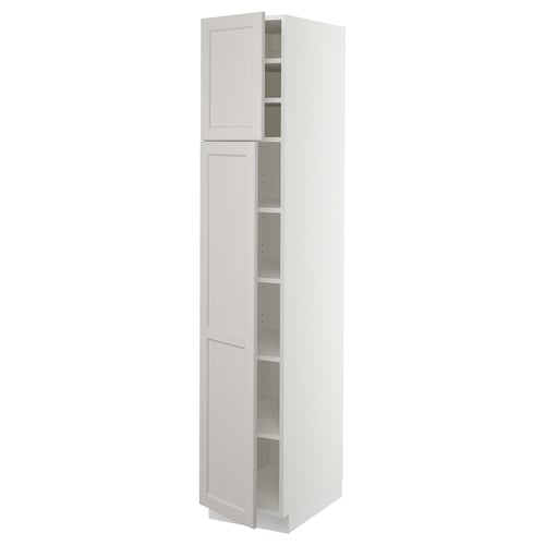 Ikea SEKTION light grey tall cabinet with shelves and bevelled door.