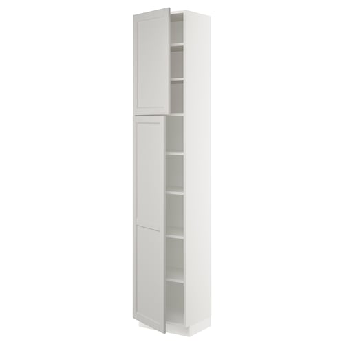 White lerhyttan cabinet, SEKTION kitchen system with adjustable shelves and bevelled edges.
