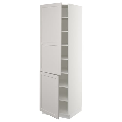 White tall kitchen cabinet with open doors and shelves, classic design.