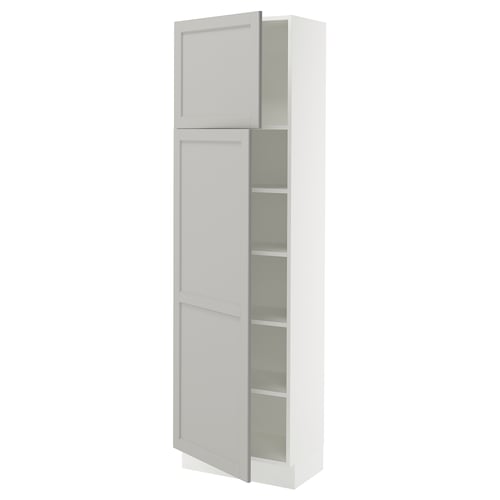IKEA SEKTION tall kitchen cabinet, light grey, rectangular, two doors, adjustable shelves.