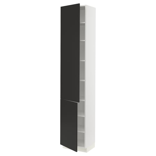 SEKTION tall kitchen cabinet, white with black doors, modern design, two adjustable shelves, left/right door hinges.