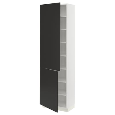 Black and white tall cabinet with adjustable shelves.