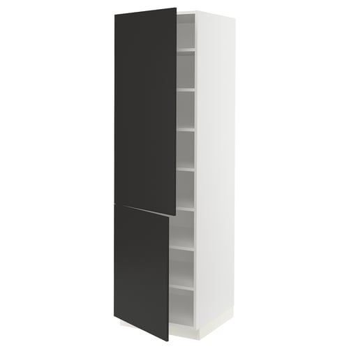A white SEKTION kitchen cabinet with black doors, one open revealing shelves, sleek modern design.