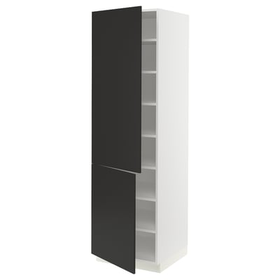 A white SEKTION kitchen cabinet with black doors, one open revealing shelves, sleek modern design.